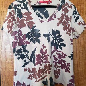 Gloria Vanderbilt Floral Leaf Print Top Size Large Short Sleeve Cream Burgundy